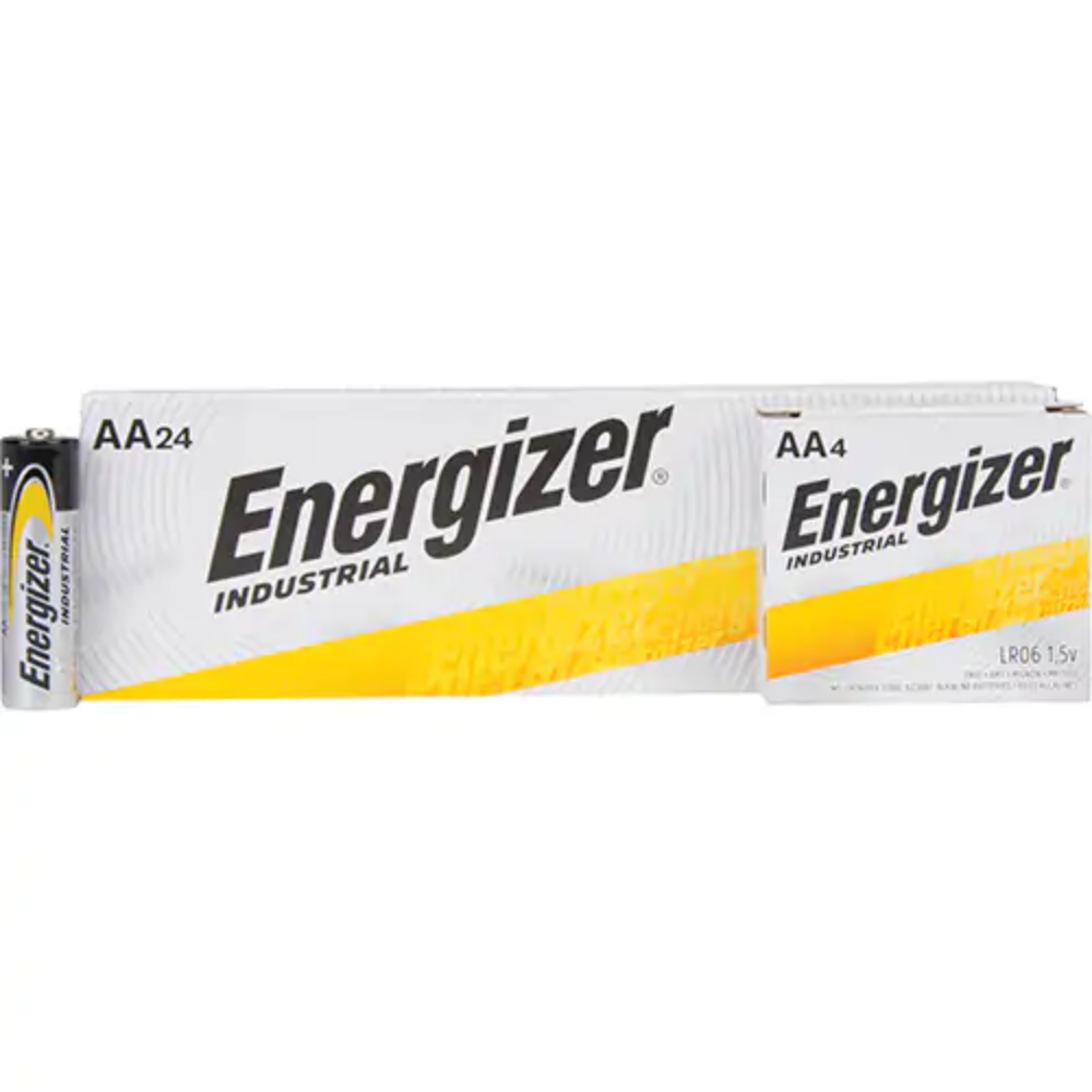 A single AA alkaline battery positioned next to its industrial bulk 24-pack and 4-pack retail boxes.