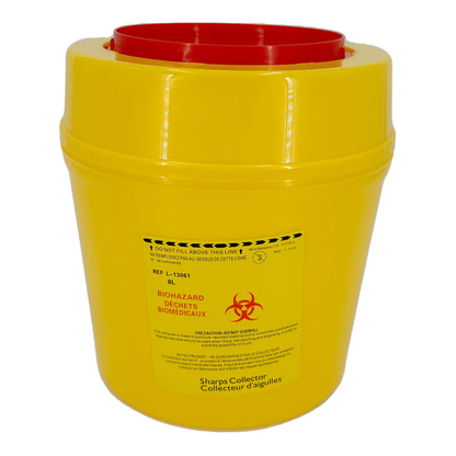 Puncture-resistant LEO sharps disposal bin with secure locking lid for biohazard waste.