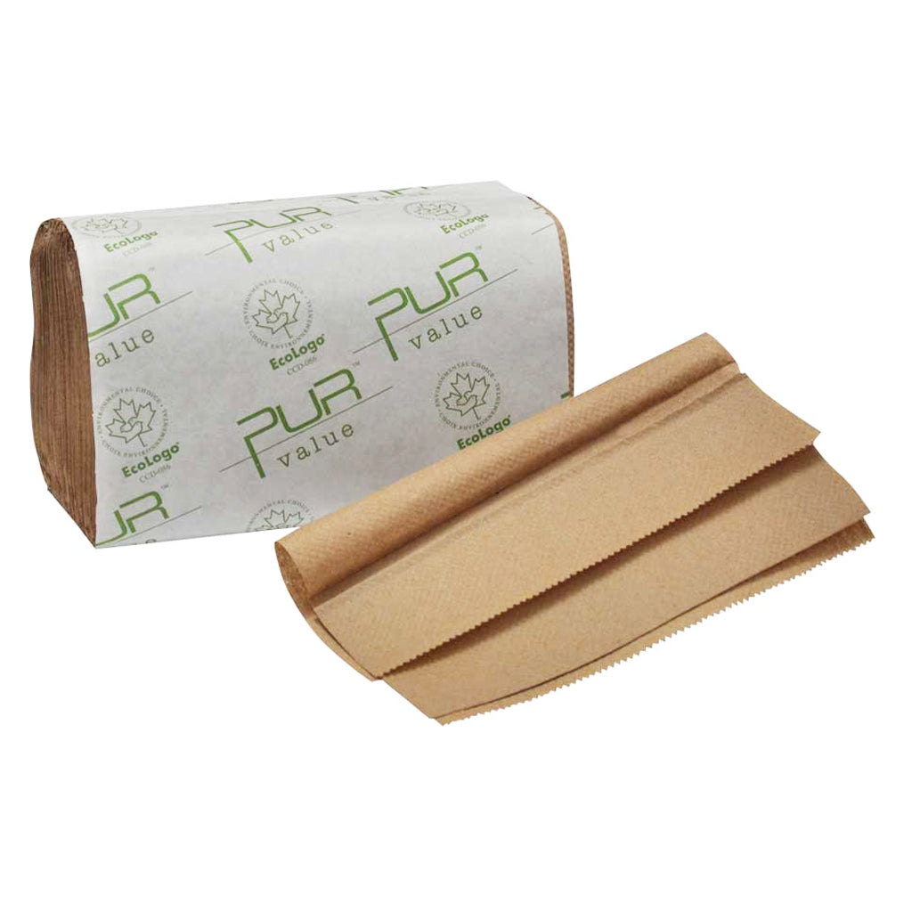 PUR Value 101172 single-fold kraft paper towels package with one unrolled brown paper towel sheet showing EcoLogo certification.