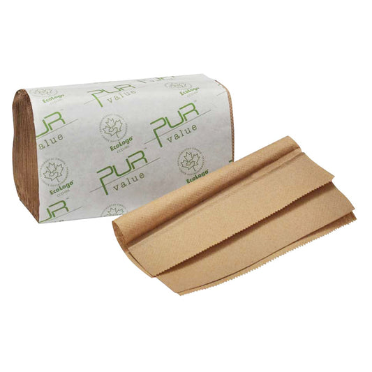 PUR Value 101172 single-fold kraft paper towels package with one unrolled brown paper towel sheet showing EcoLogo certification.