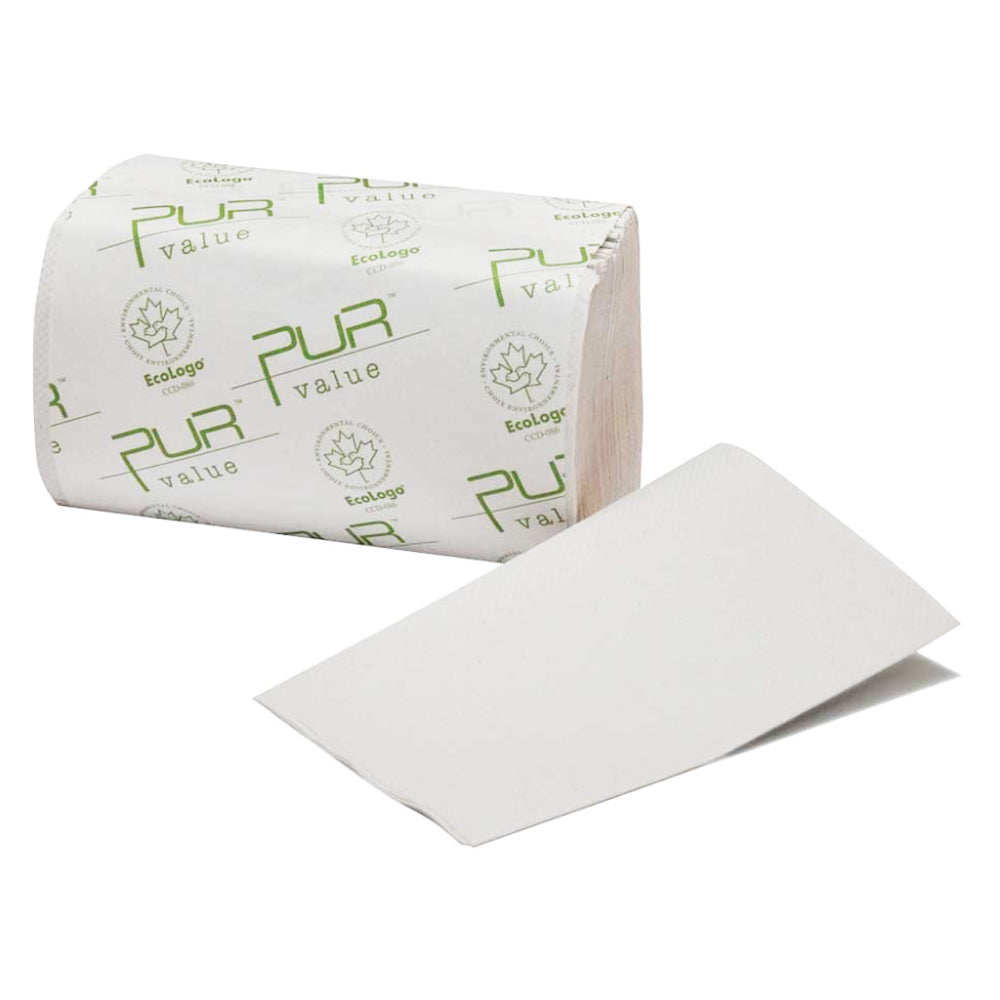 A single paper-wrapped pack of PUR value white single-fold paper towels with one textured sheet dispensed forward on a white background