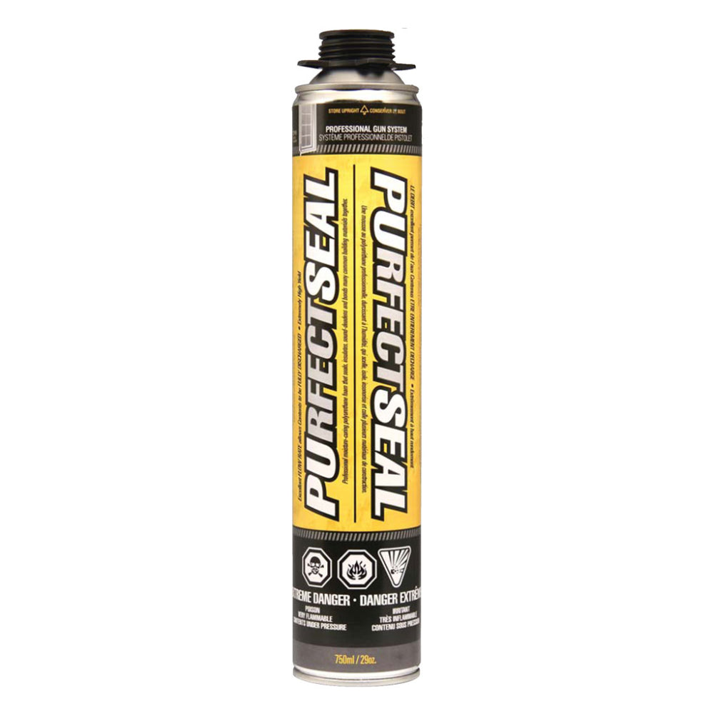 Purfectseal professional gun system low expansion polyurethane foam sealant in a 750ml 29 oz yellow and black pressurized can, for insulating sealing and bonding in construction applications