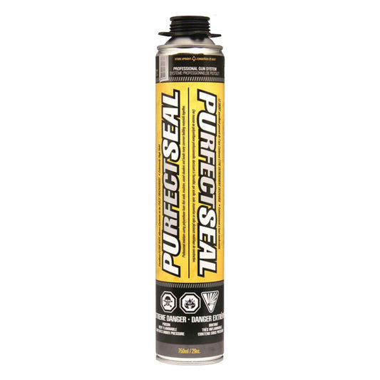 Purfectseal professional gun system low expansion polyurethane foam sealant in a 750ml 29 oz yellow and black pressurized can, for insulating sealing and bonding in construction applications