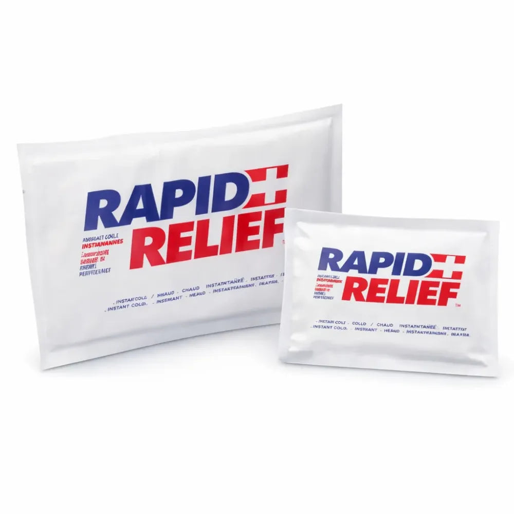 Two Rapid Relief reusable hot and cold gel packs in small and large sizes for flexible injury and pain management therapy.
