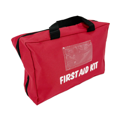  Red first aid kit bag with white text label and clear ID window pocket
