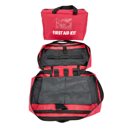 Red first aid kit bag closed and open view showing full interior organizer layout