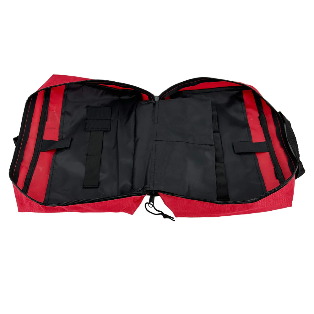 Red first aid kit bag open showing black interior organizer pockets and elastic straps