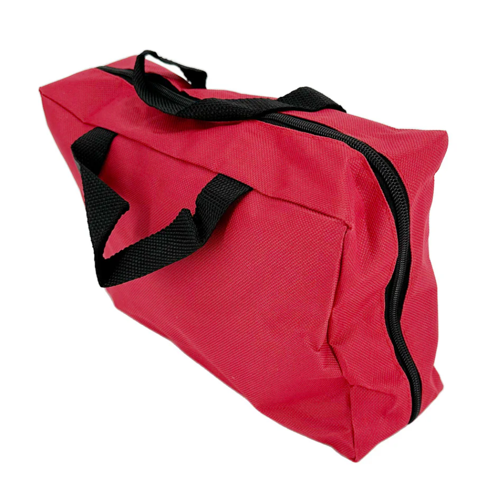 Red first aid kit bag side view with black carry handle and zipper closure