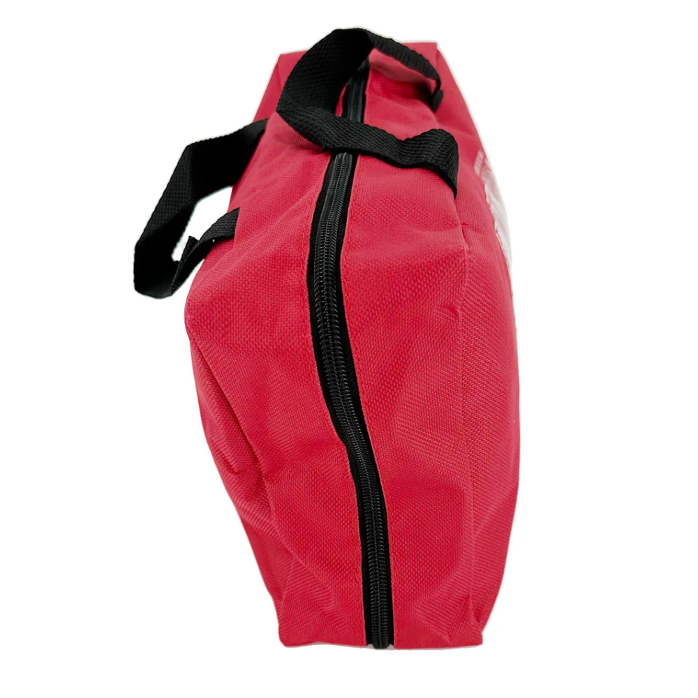Red first aid kit bag front zipper and black handle close-up view