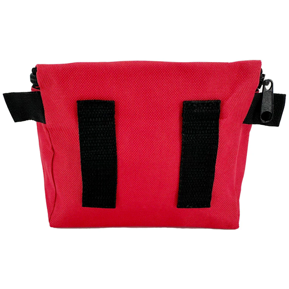Red first aid mini bag back view with dual black velcro mounting straps