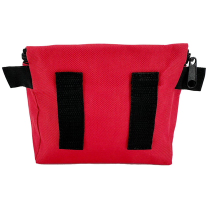 Red first aid mini bag back view with dual black velcro mounting straps