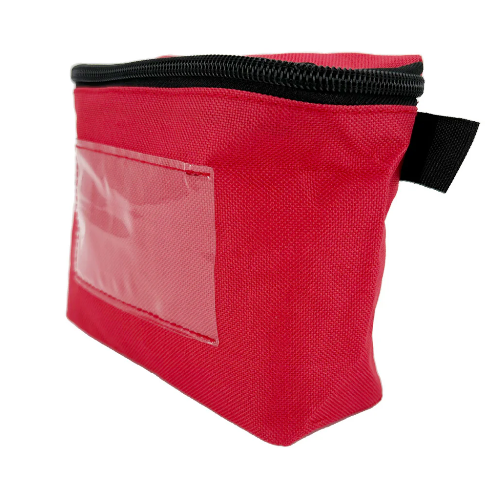 Red first aid pouch angled view with clear label window and black zipper strap