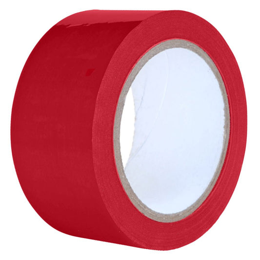 Roll of heavy duty red PVC packaging tape displaying its smooth matte exterior finish and a plain white inner cardboard core on a white background.