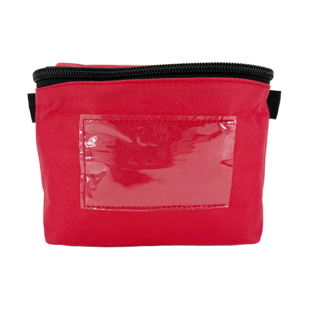 Red small first aid kit pouch front view with large clear label window