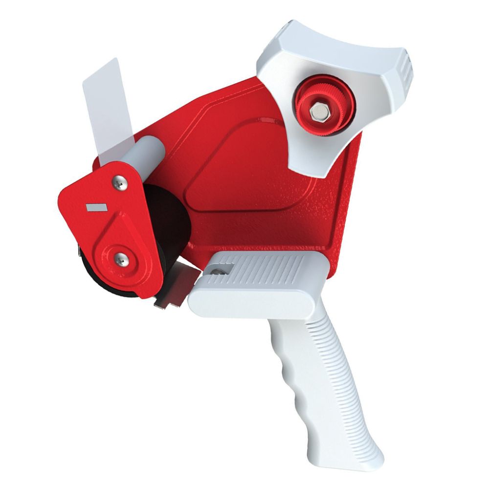 Red and white handheld packaging tape dispenser gun for box sealing, 2in