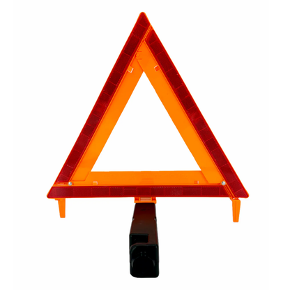 Detailed view of a single LEO safety triangle deployed, showing the high-visibility red reflectors and the heavy-duty weighted swivel base.