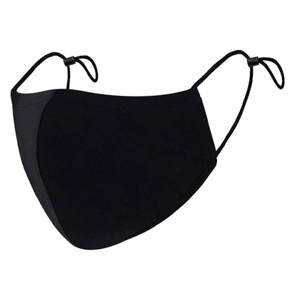 Three quarter front view of a reusable black cloth face mask featuring adjustable elastic ear loops with plastic toggles
