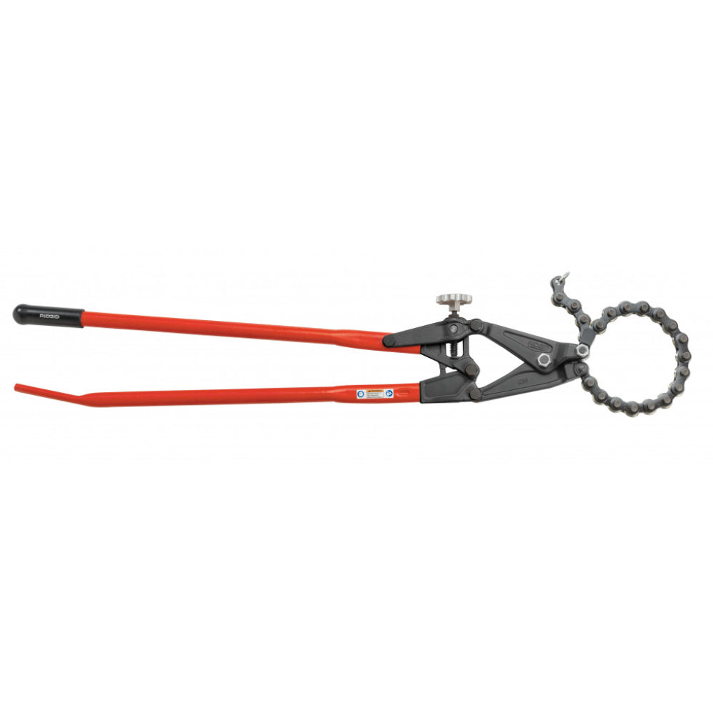 RIDGID 286 ratchet soil pipe cutter with chain open, red offset handles, full side view