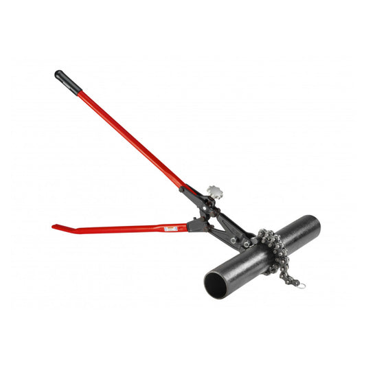 RIDGID soil pipe cutter chain wrapped around cast iron pipe ready to cut
