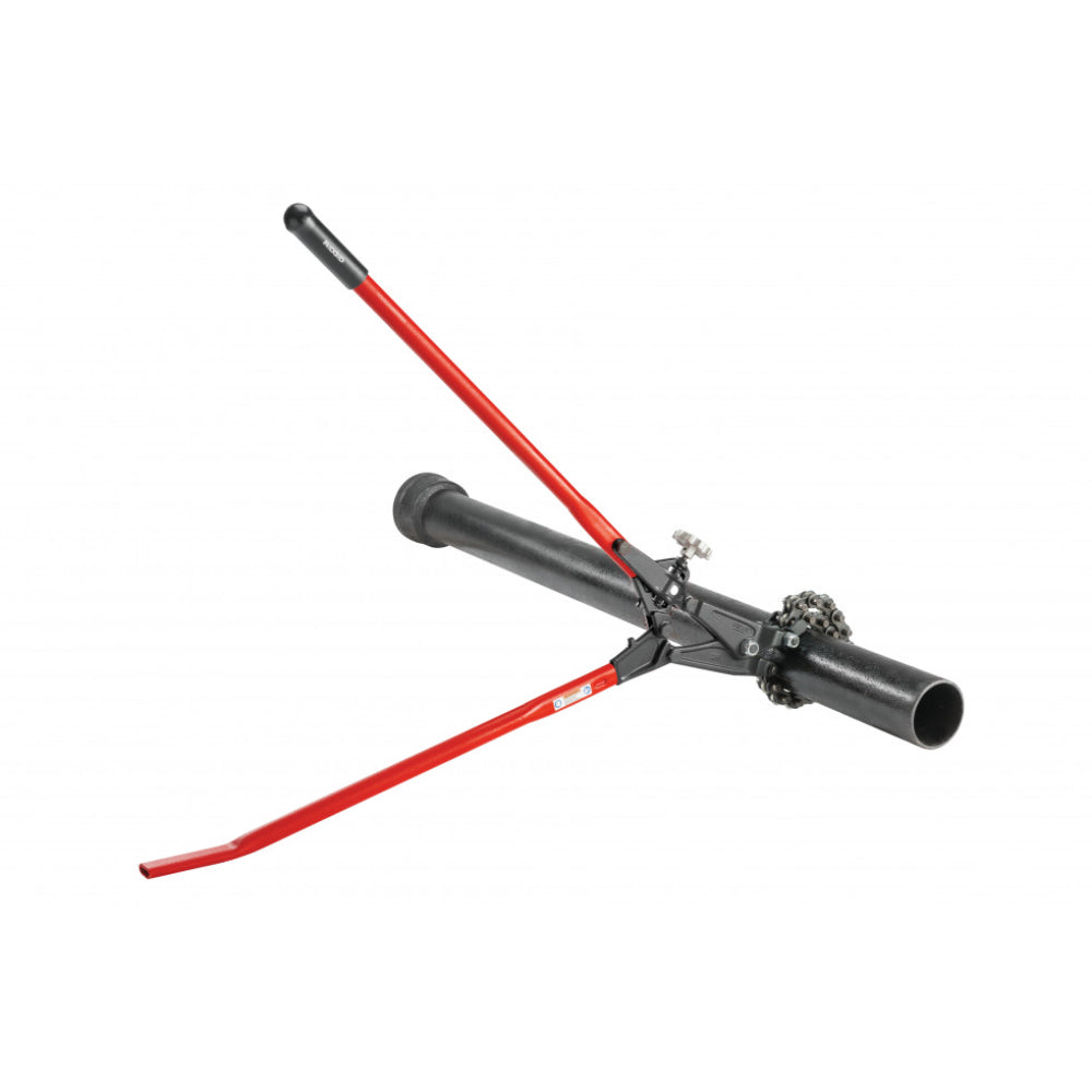 RIDGID soil pipe cutter chain wrapped around cast iron pipe ready to cut