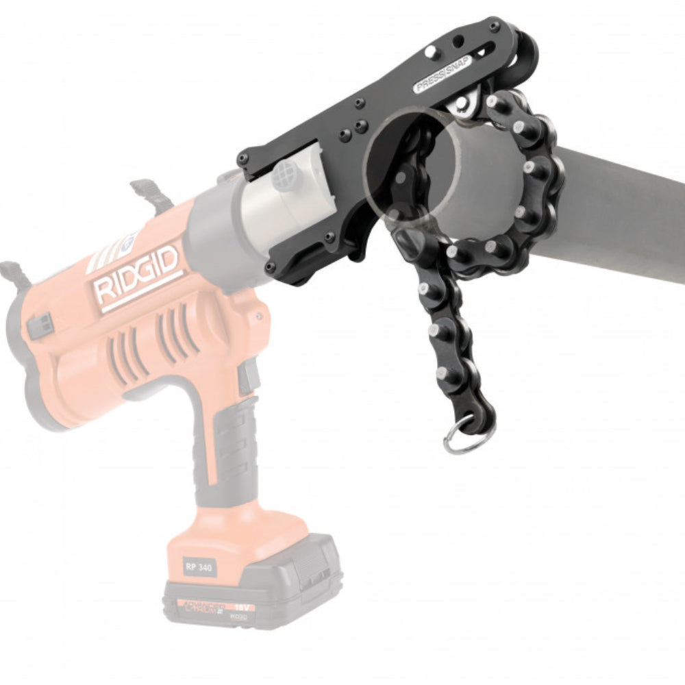 RIDGID Press Snap soil pipe cutter attachment mounted on an orange RIDGID press tool cutting through a pipe.
