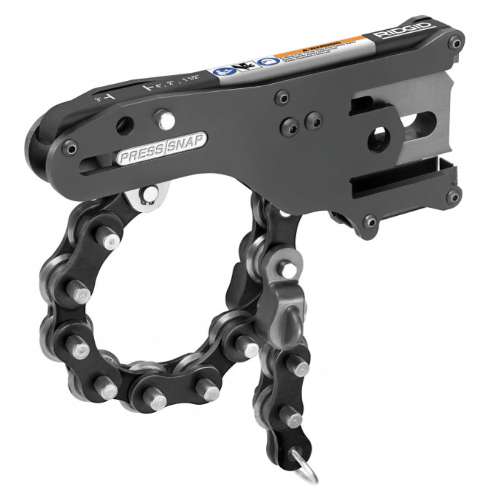 Close-up profile view of the RIDGID Press Snap soil pipe cutter attachment showing the cutting chain and housing mechanism on a white background.