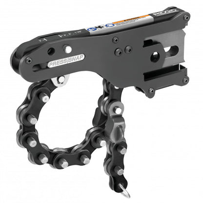 Close-up profile view of the RIDGID Press Snap soil pipe cutter attachment showing the cutting chain and housing mechanism on a white background.