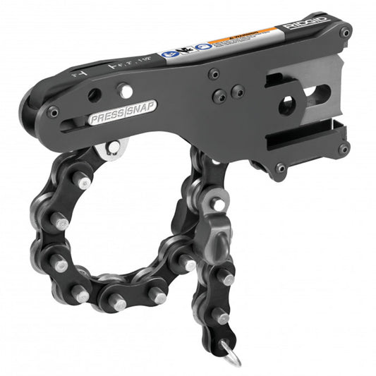 Close-up profile view of the RIDGID Press Snap soil pipe cutter attachment showing the cutting chain and housing mechanism on a white background.