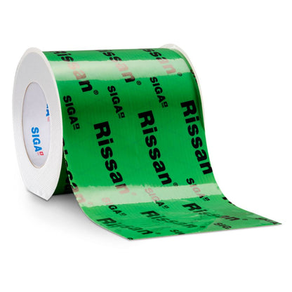 Single extra-wide 150mm roll of Rissan 150 green reinforced sealing tape showing the 6-inch broad surface area and branded red/blue SIGA core.