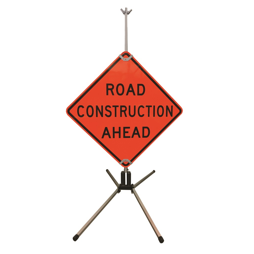 A fully deployed SS420A WindMaster stand supporting a diamond-shaped orange "Road Construction Ahead" rigid safety sign.