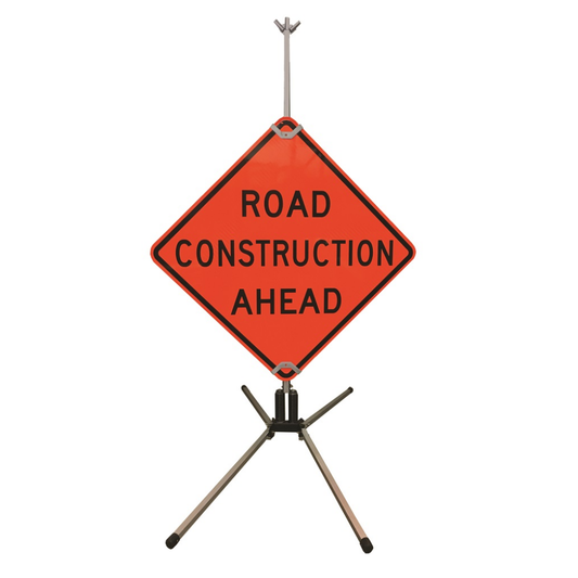 A fully deployed SS420A WindMaster stand supporting a diamond-shaped orange "Road Construction Ahead" rigid safety sign.
