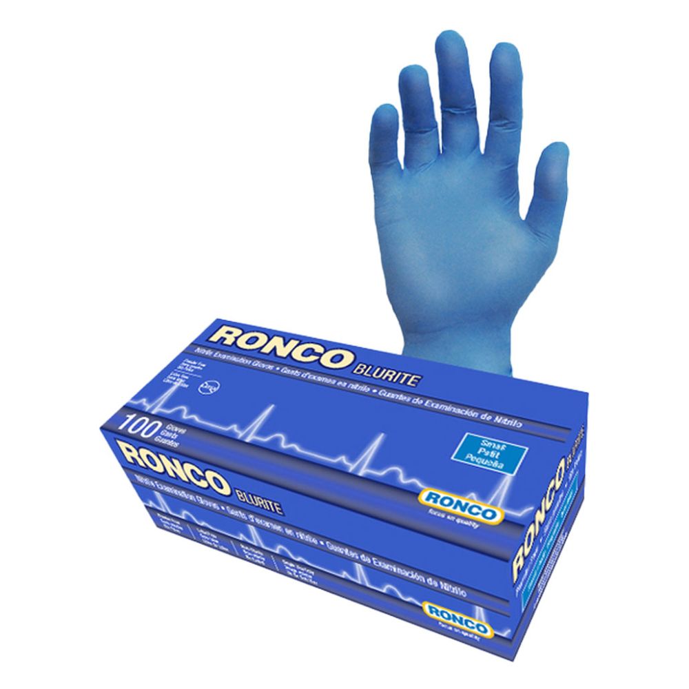 Ronco Blurite blue nitrile examination gloves 100 count box small size with glove display