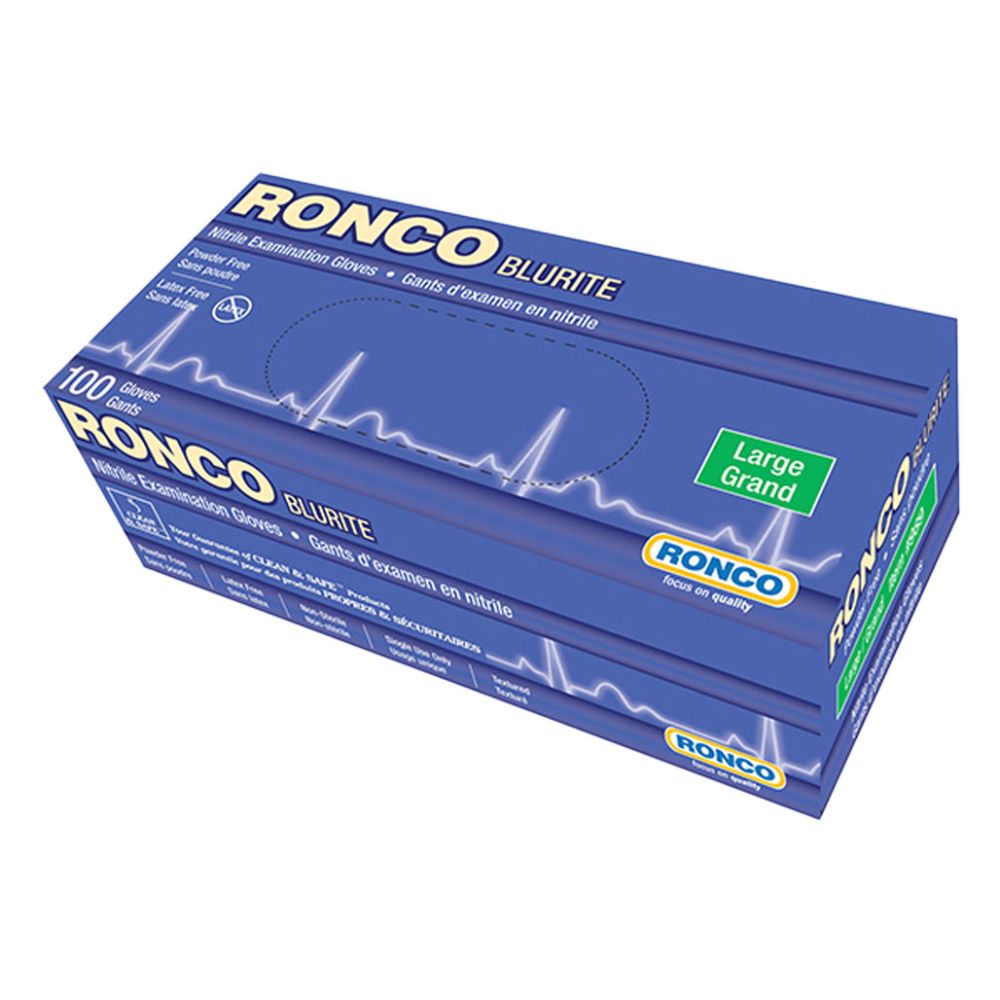 Ronco Blurite nitrile examination gloves powder free latex free 100 count box large size