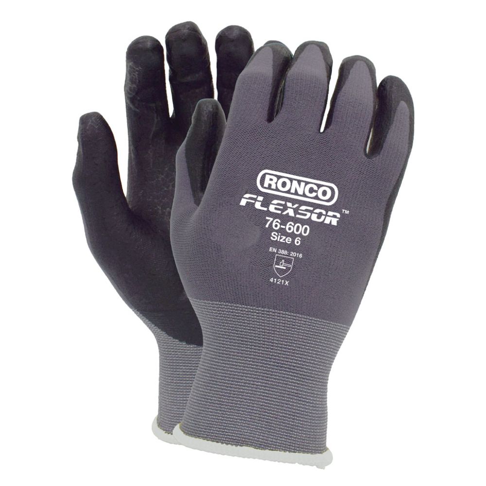 Ronco Flexsor black foam nitrile palm-coated grey nylon gloves, size 6, EN 388 rated