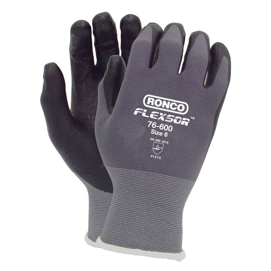 Ronco Flexsor black foam nitrile palm-coated grey nylon gloves, size 6, EN 388 rated