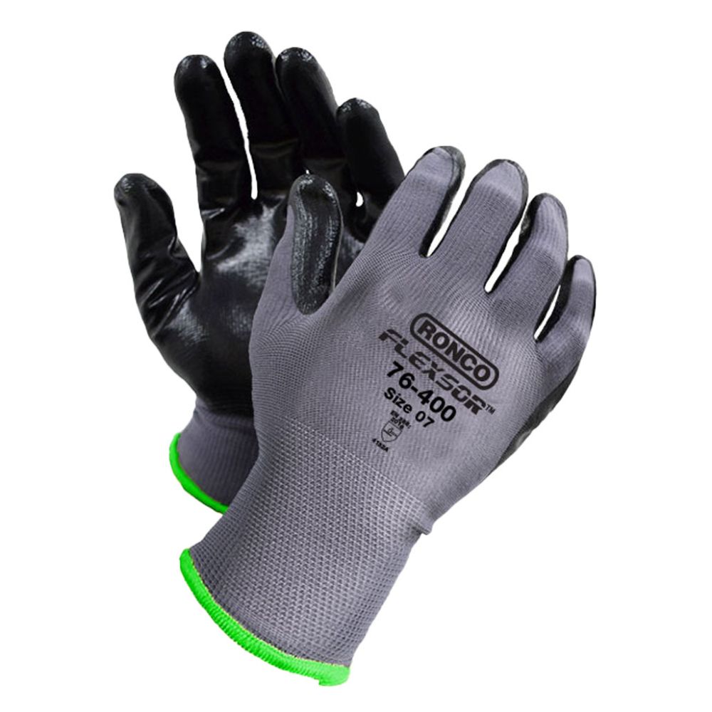 Ronco Flexsor black nitrile palm-coated grey nylon gloves with green cuff, size 7, EN 388 rated