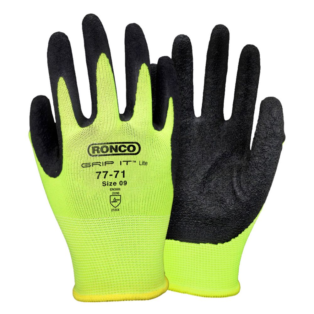 Front and back view of a pair of Ronco Grip It Lite 77-71 hi-viz green polyester knit work gloves featuring a protective black crinkle latex palm coating