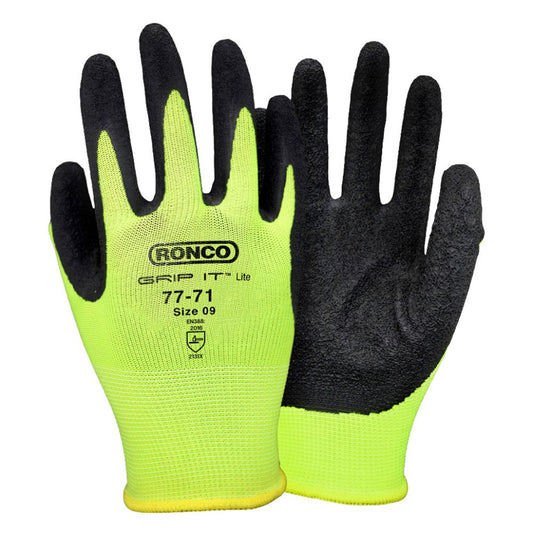 Front and back view of a pair of Ronco Grip It Lite 77-71 hi-viz green polyester knit work gloves featuring a protective black crinkle latex palm coating