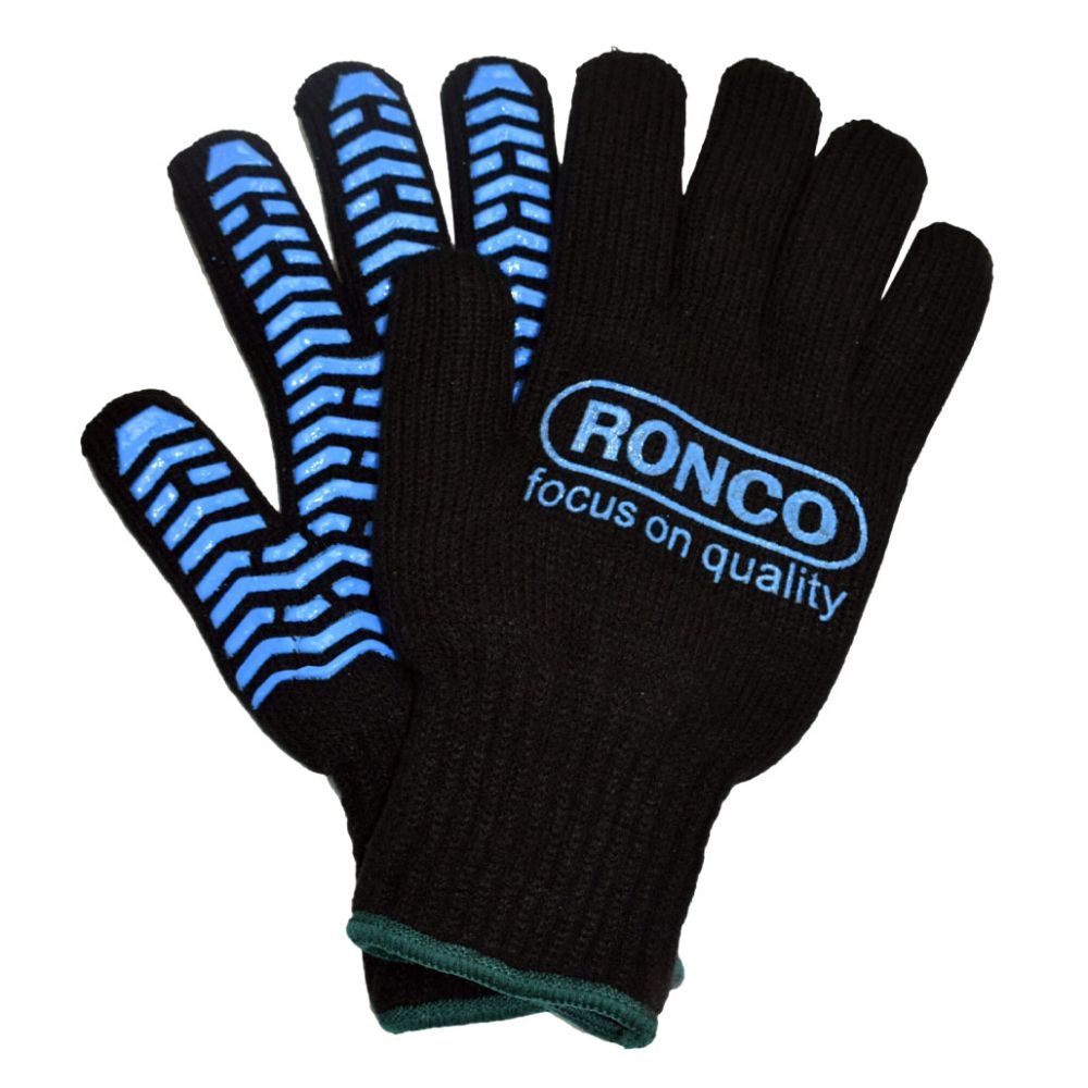 Ronco Iceberg black acrylic liner gloves with blue silicone grip pattern, size 9, large
