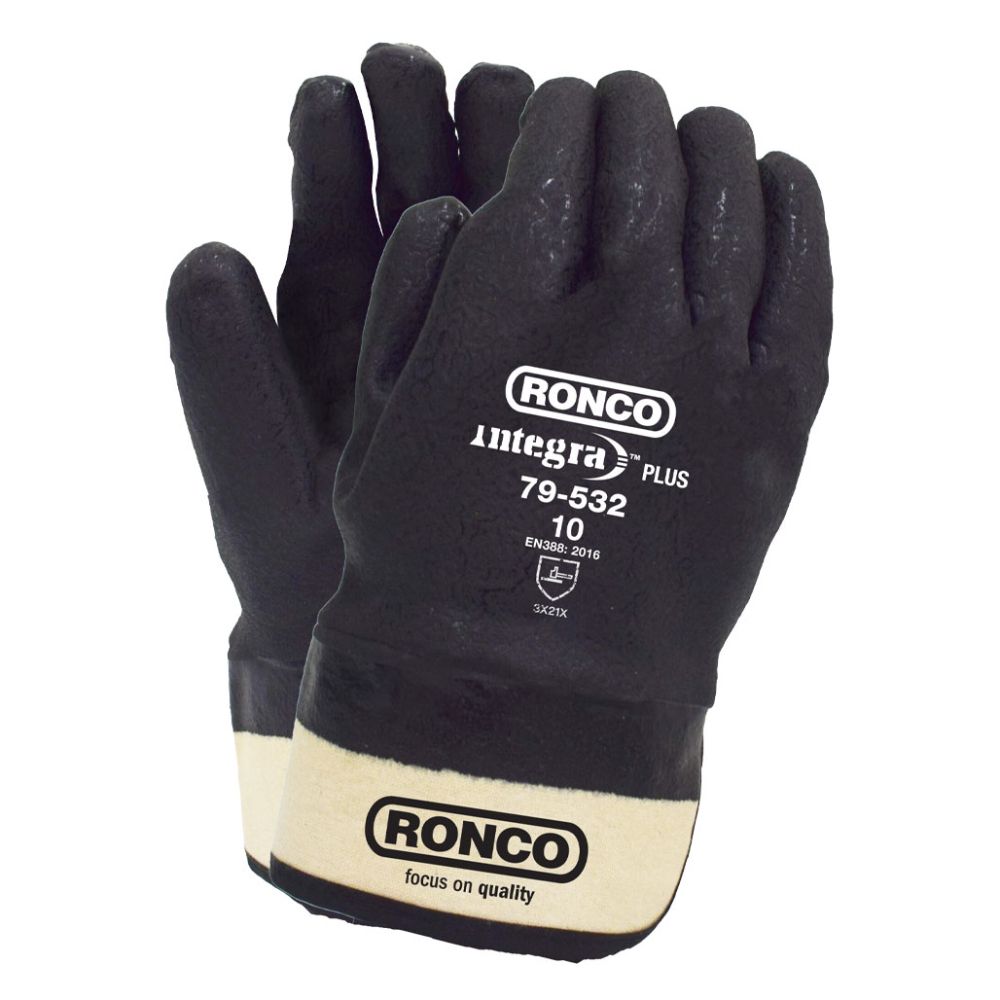 Front and back view of a pair of Ronco Integra Plus 79-532 heavy-duty black fully coated industrial gloves with a comfortable canvas safety cuff