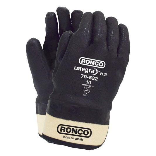 Front and back view of a pair of Ronco Integra Plus 79-532 heavy-duty black fully coated industrial gloves with a comfortable canvas safety cuff