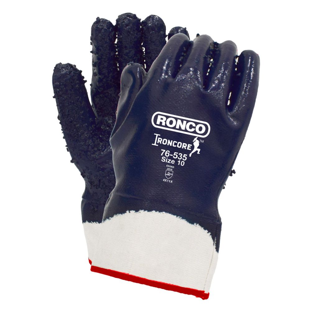 Front and back view of a pair of heavy-duty Ronco Ironcore 76-535 blue fully coated nitrile gloves featuring rough abrasive nitrile chips for maximum grip