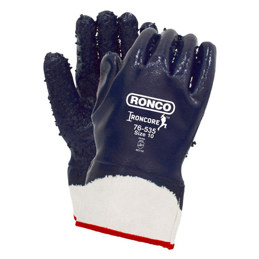 Front and back view of a pair of heavy-duty Ronco Ironcore 76-535 blue fully coated nitrile gloves featuring rough abrasive nitrile chips for maximum grip