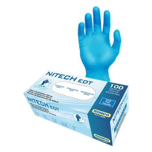Ronco Nitech EDT blue powder-free latex-free nitrile examination gloves with dispenser box, small, 100-count
