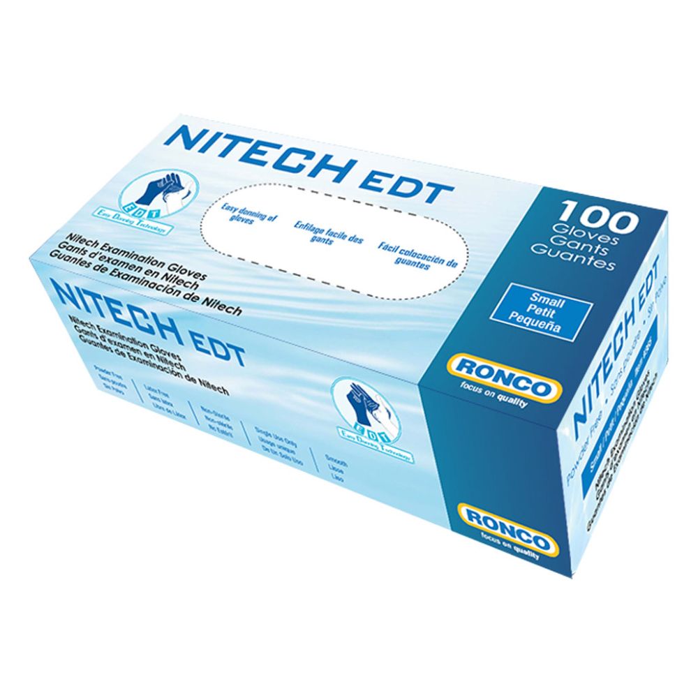 Ronco Nitech EDT powder-free latex-free nitrile examination gloves dispenser box, small, 100-count