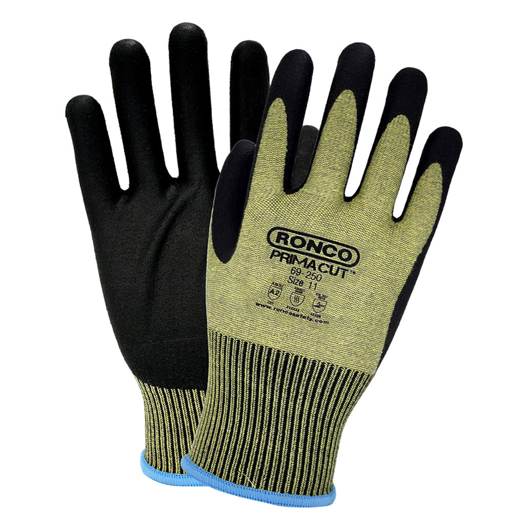 Ronco PrimaCut black nitrile palm-coated cut-resistant aramid gloves, size 11, ANSI A2