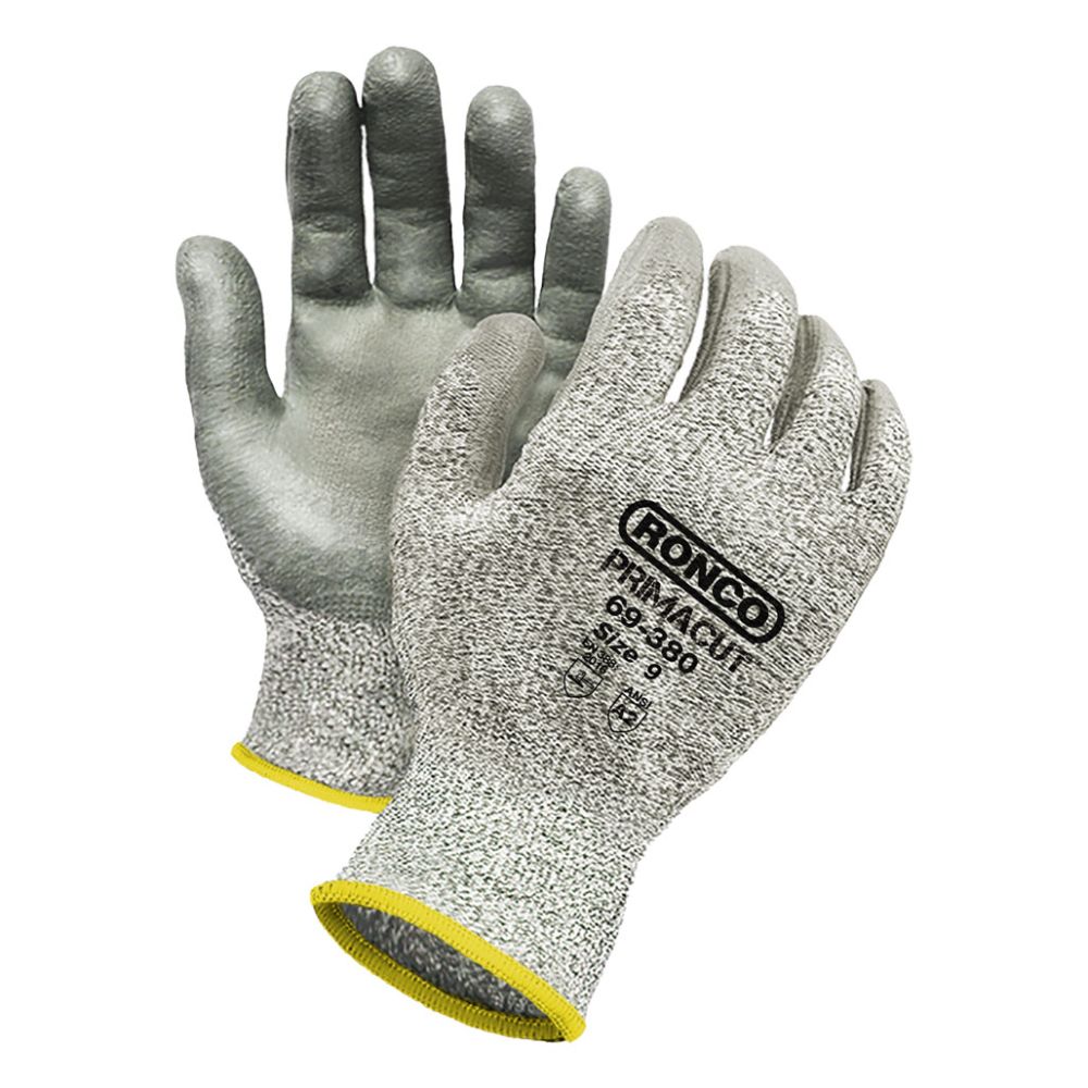 Ronco PrimaCut grey polyurethane palm-coated cut-resistant HPPE gloves, size 9, ANSI A2
