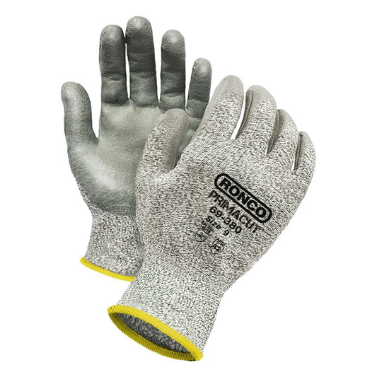 Ronco PrimaCut grey polyurethane palm-coated cut-resistant HPPE gloves, size 9, ANSI A2