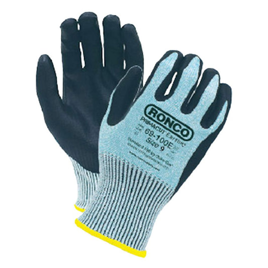 Ronco PrimaCut Earthlite black nitrile coated cut-resistant HPPE gloves, blue shell, size 9, ANSI A4