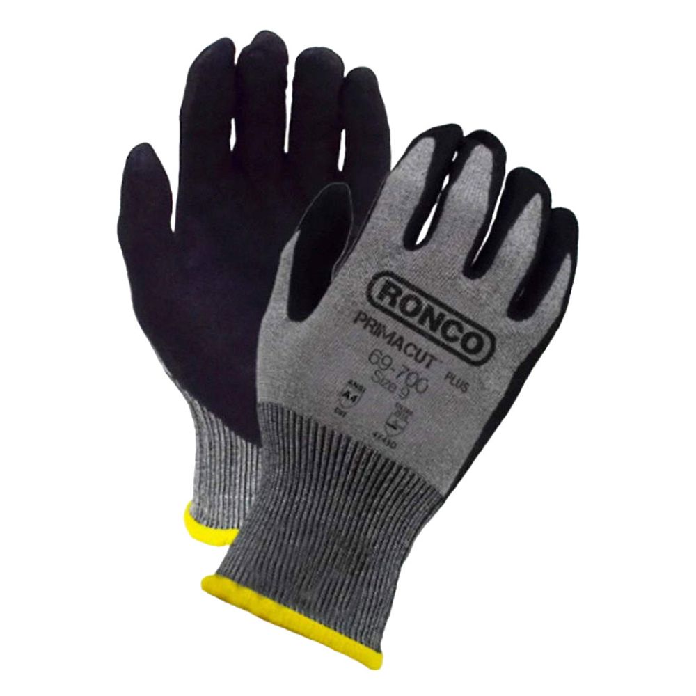Ronco PrimaCut Plus black foam nitrile coated cut-resistant gloves, grey HPPE shell, size 9, ANSI A4